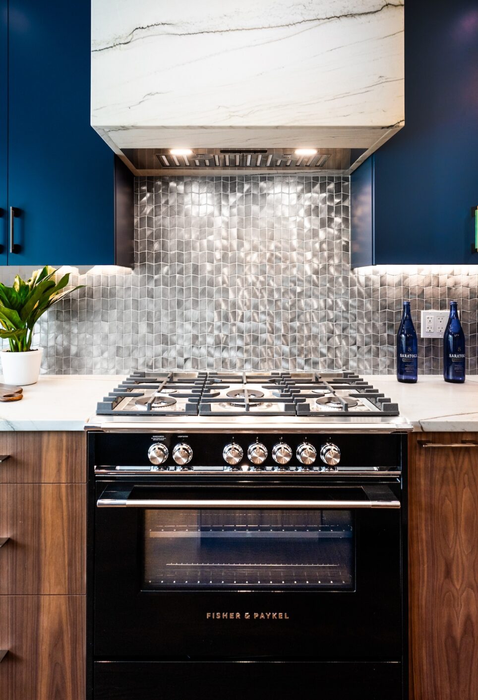 Kitchen Black Range Stain Hood Walnut And Blue Cabinetry