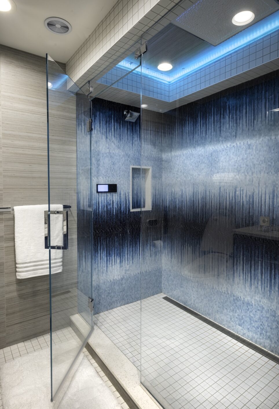 Blue Ceiling Lighting In Bathroom Shower