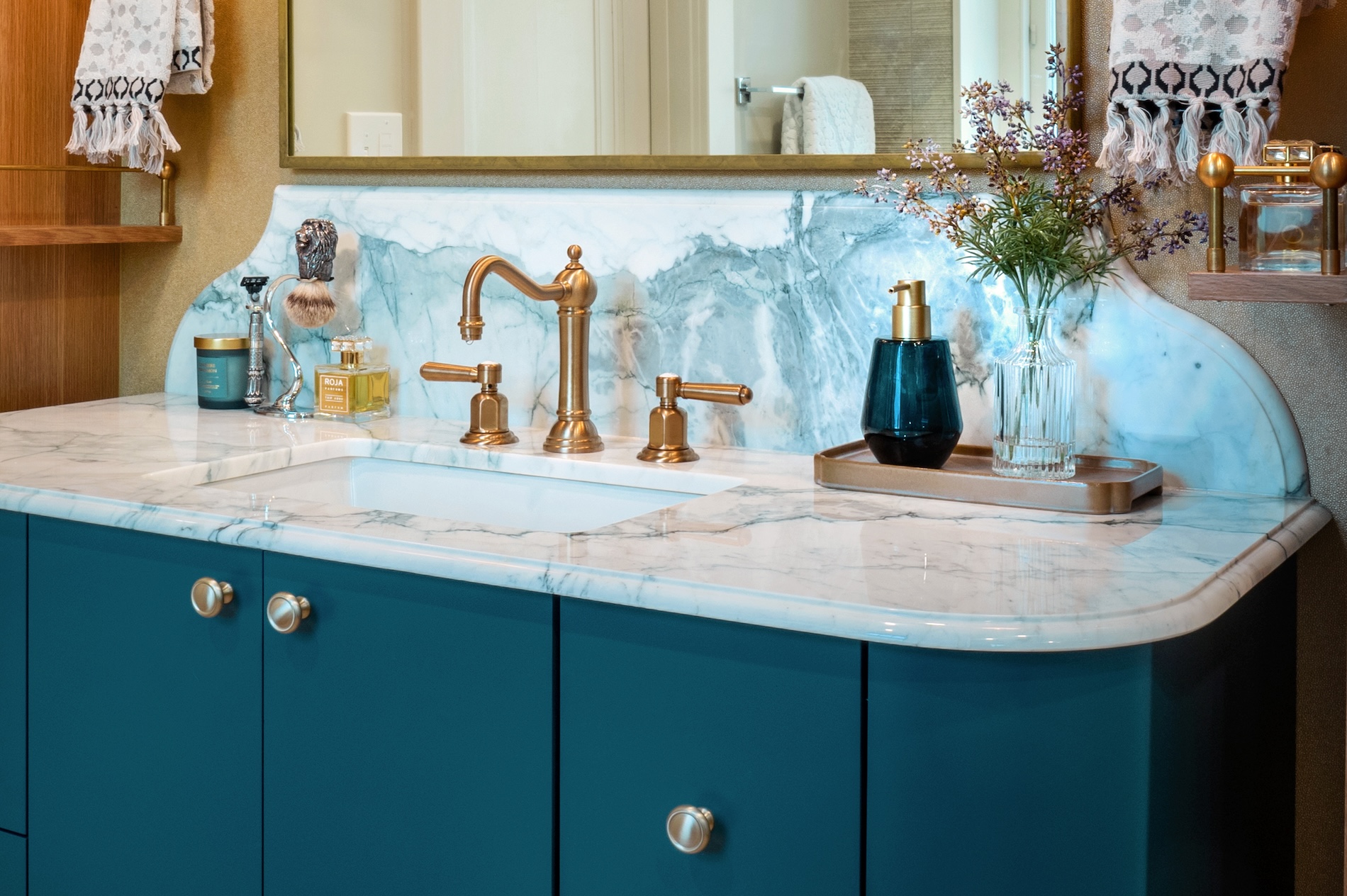 Dark Teal Bathroom Vanity With Marble Countertop