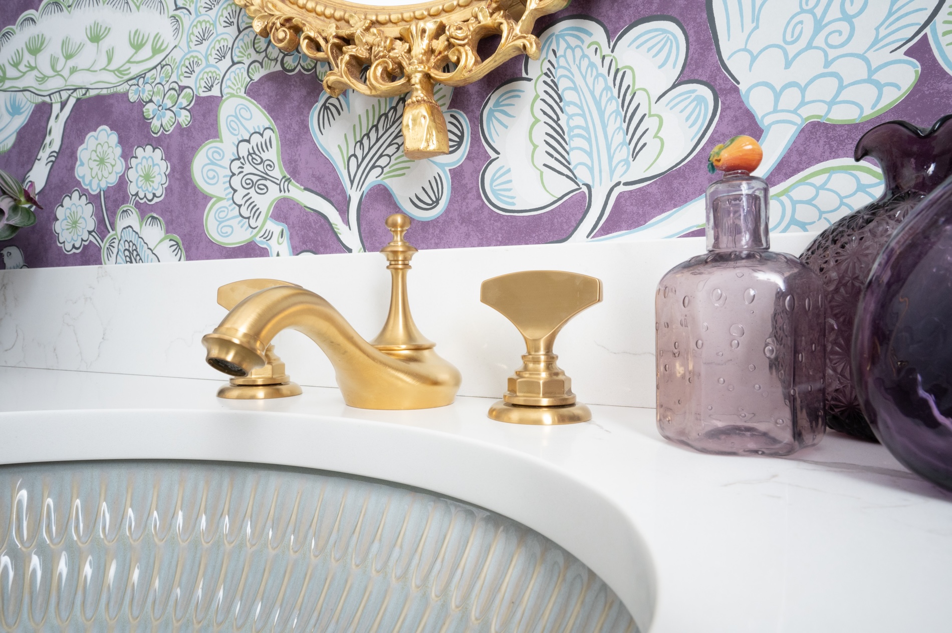 Gold Sink Purple Wallpaper Powder Room