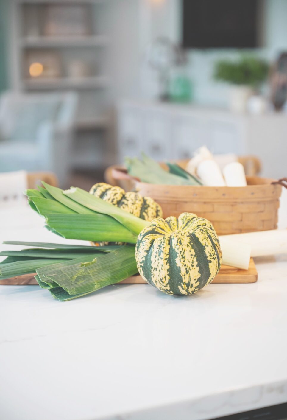 Gourd And Leeks On Kitchen Counter
