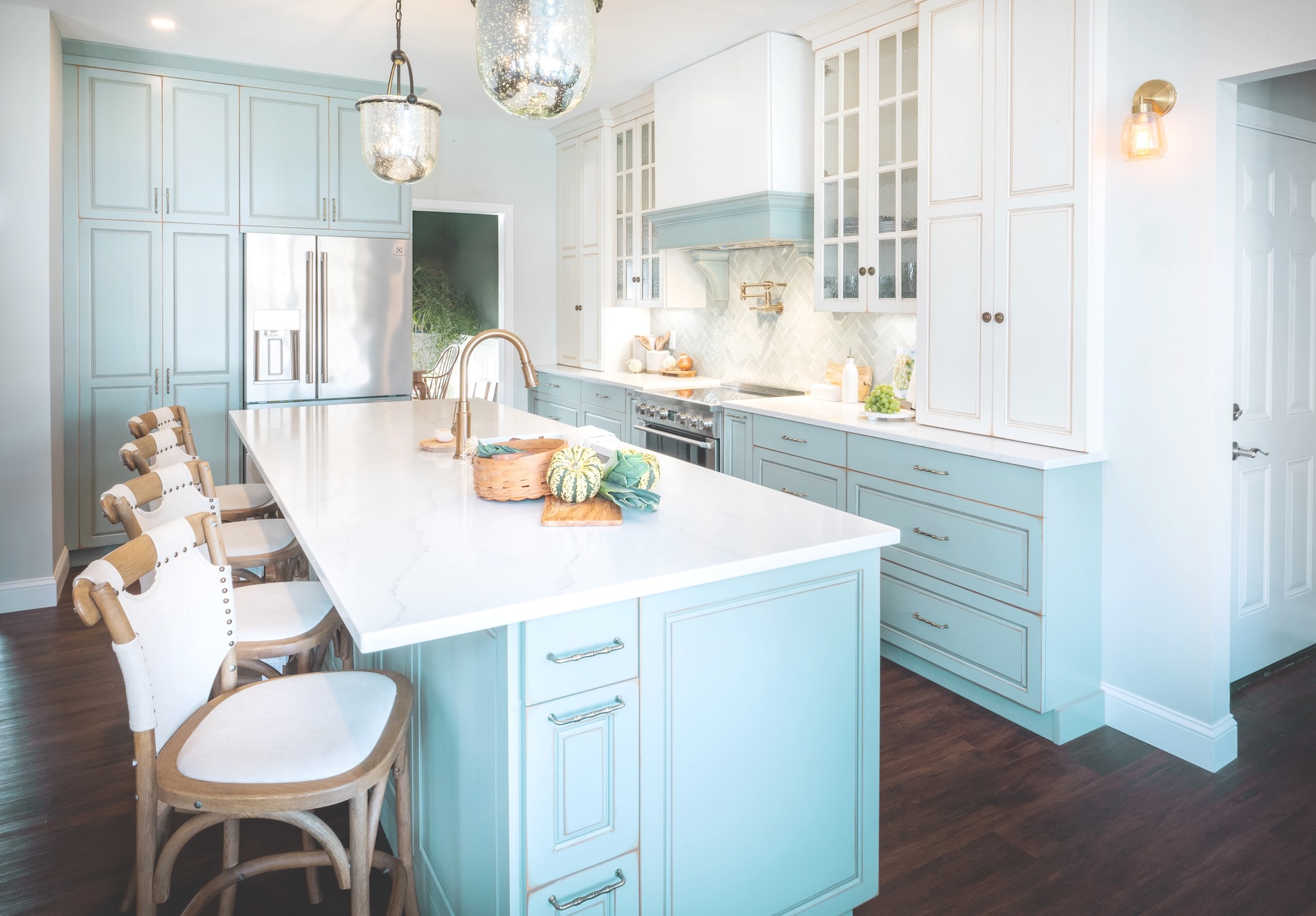 Kitchen Island Teal Blue With White Countertops