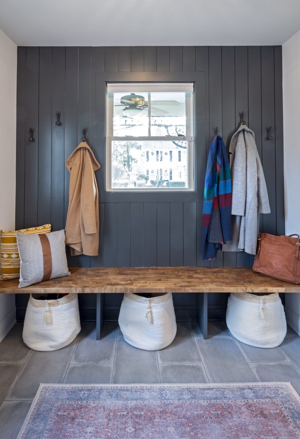 Mudroom Design Wood Bench Baskets Storage